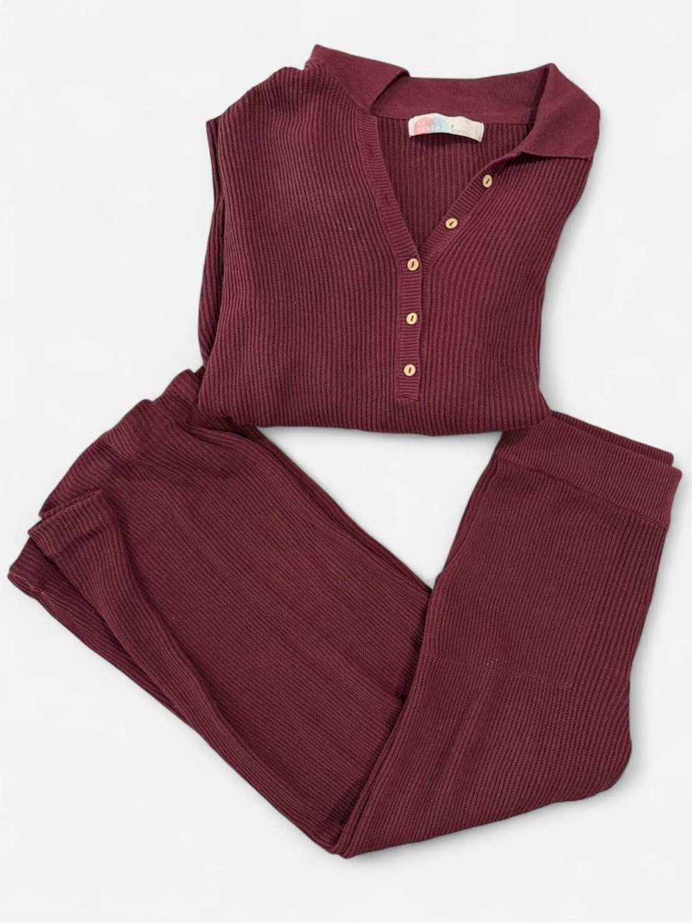 Free People Ribbed V-Neck Sweater Set in Burgundy